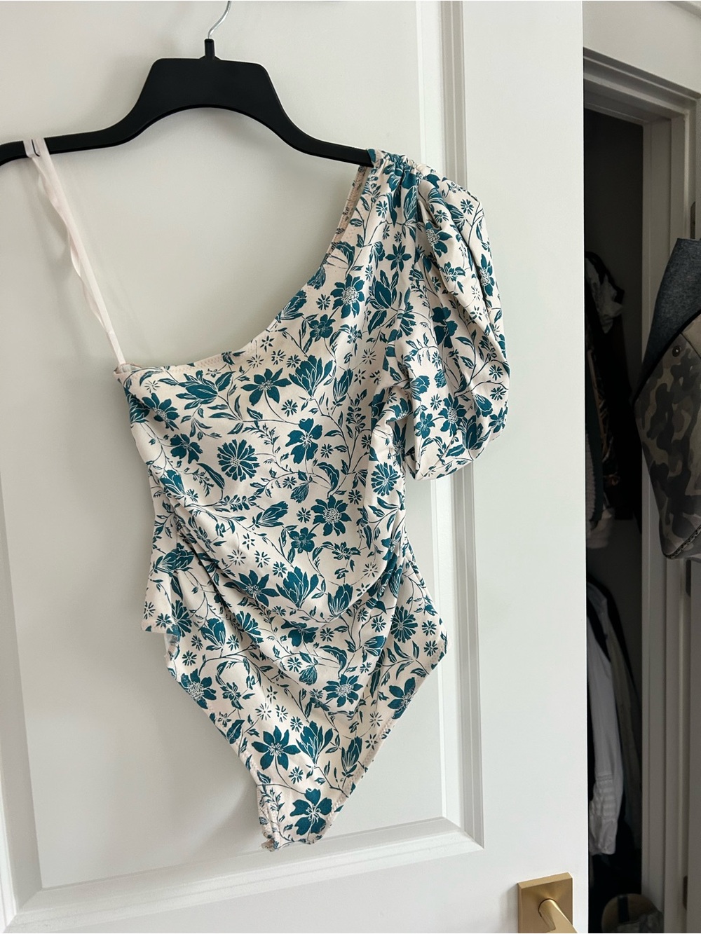 Free People One-Shoulder Puff Sleeve Bodysuit in Cream and Teal Floral